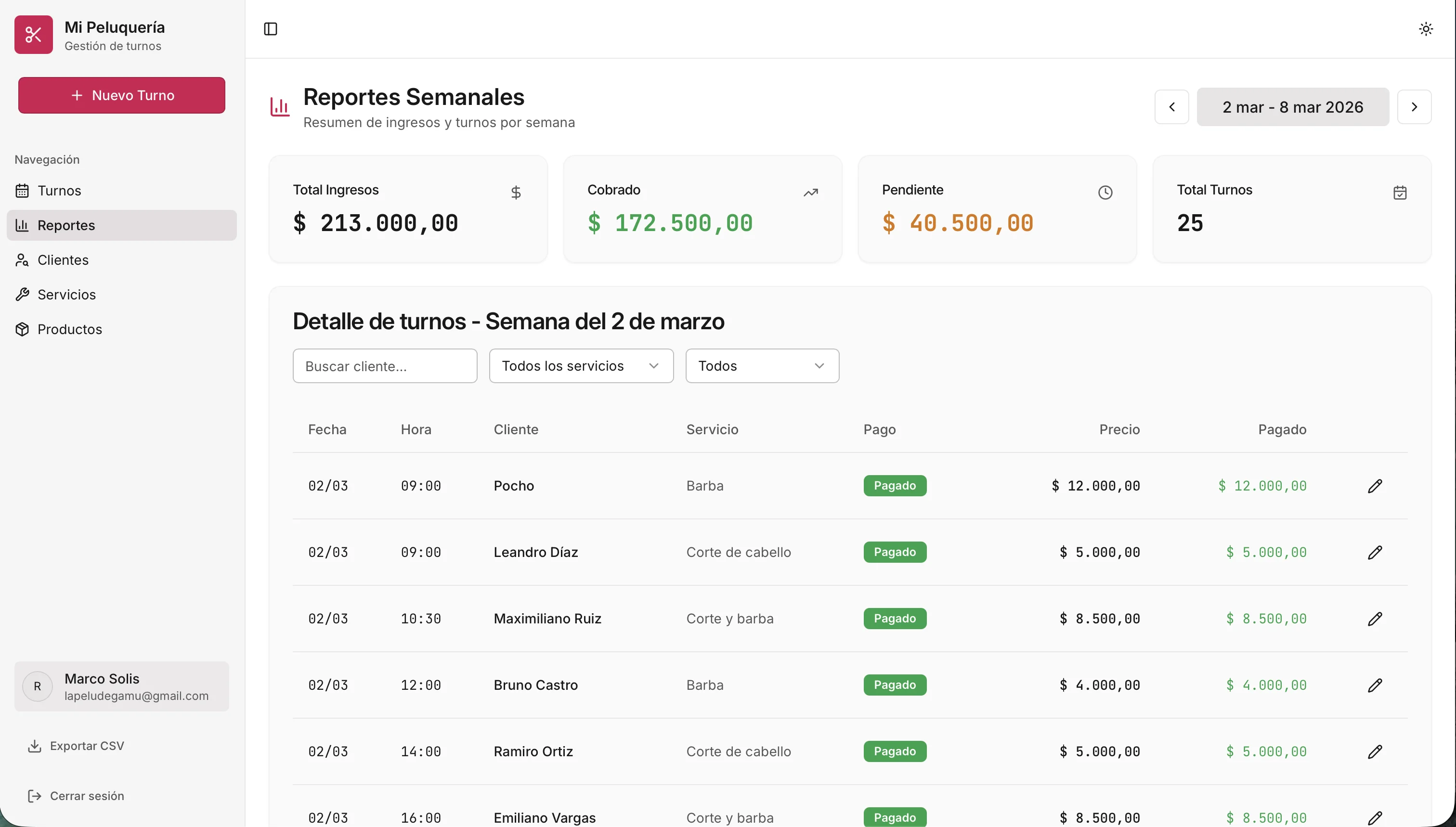 Reportes de ingresos